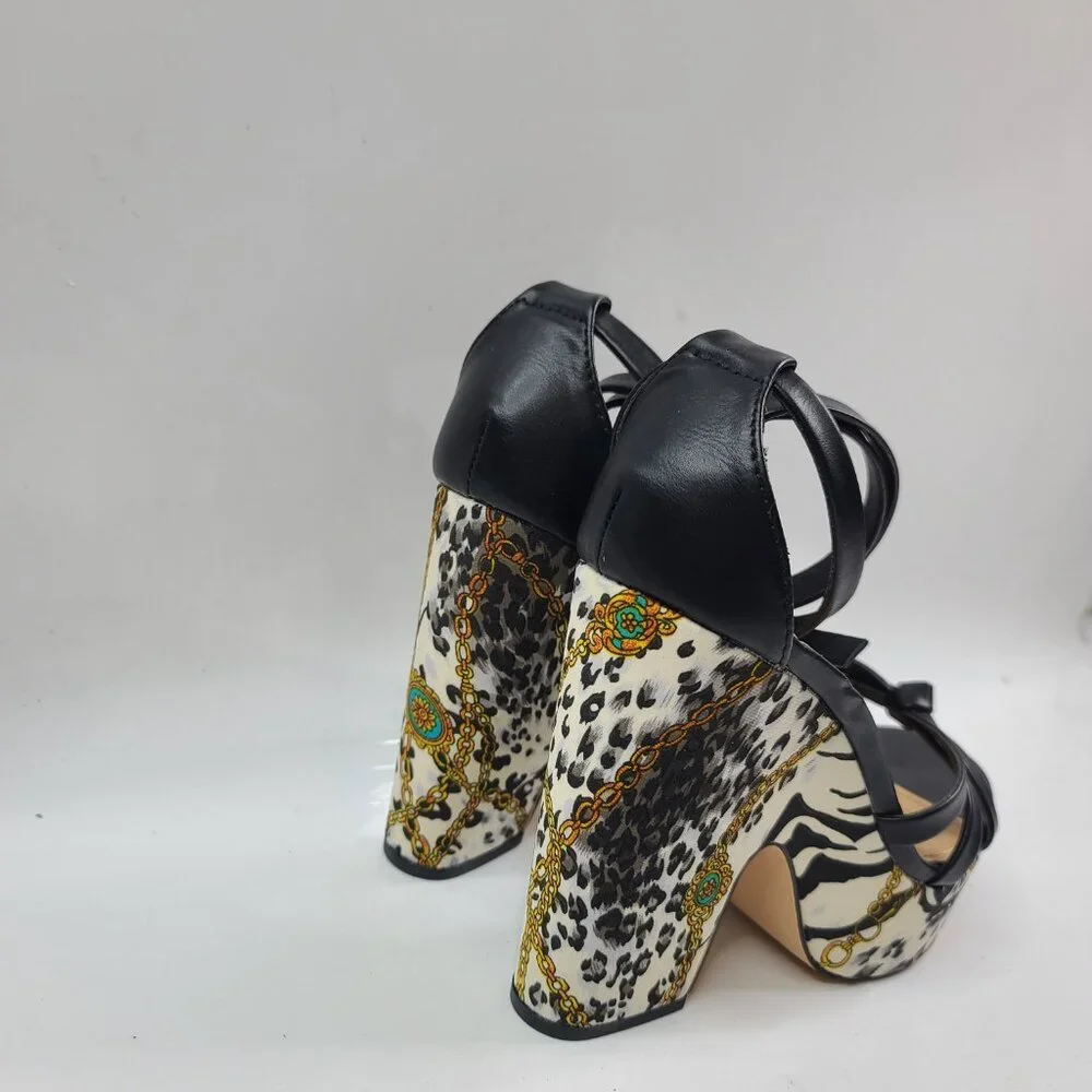 Decima by SHOEDAZZLE Black White Snow Leopard Faux Leather Platform Heels Size 7